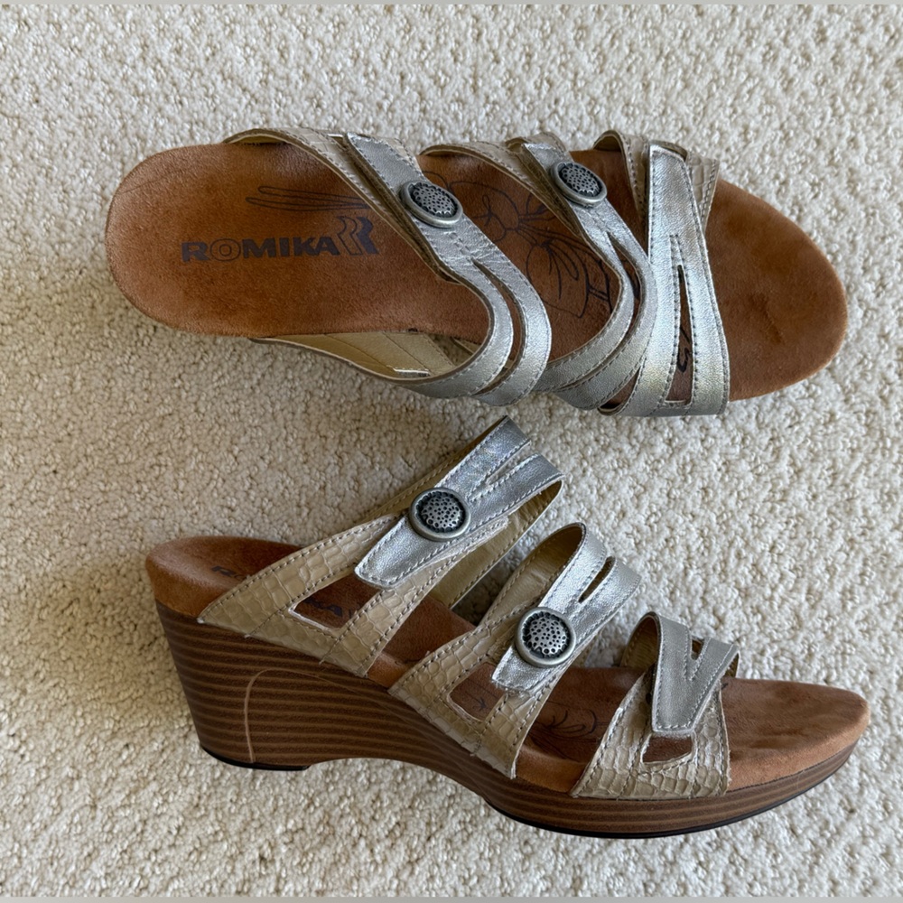 Romika Silver Metallic Strappy Wedge Adjustable Strap Sandal‎ Size 38 (7-7.5)